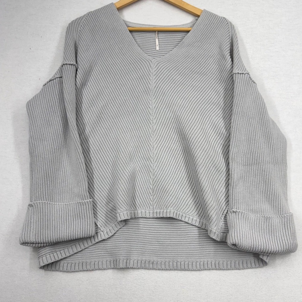 Free People Gray Oversized V-Neck Sweater S Slouchy Minimalist Boho Cozy Ribbed